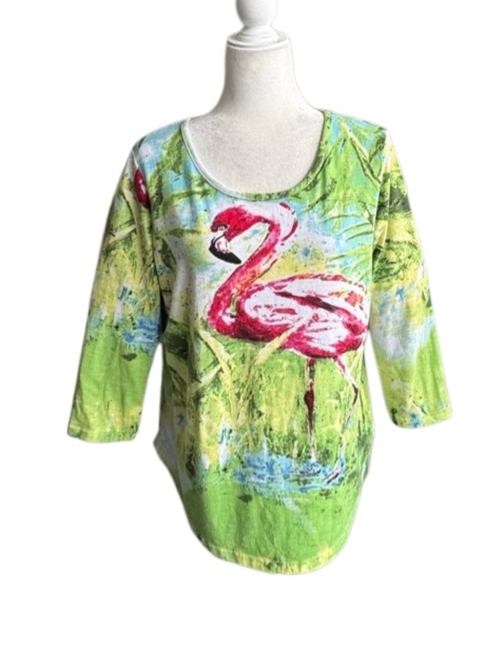 Sara Studio Green Pink Flamingo Scoop Neck Colorful Fun  SZ M